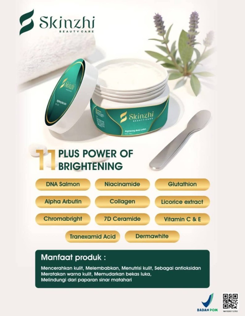 Gambar menunjukkan produk HB Lotion dari Skinzhi Beautycare, berbentuk kemasan pot dengan tutup berwarna hijau dan putih. Di sekeliling pot terdapat daftar 11 bahan aktif utama dan manfaatnya untuk perawatan kulit, termasuk DNA Salmon, Niacinamide, dan Glutathione. Latar belakang mencakup elemen alami seperti tanaman dan handuk.