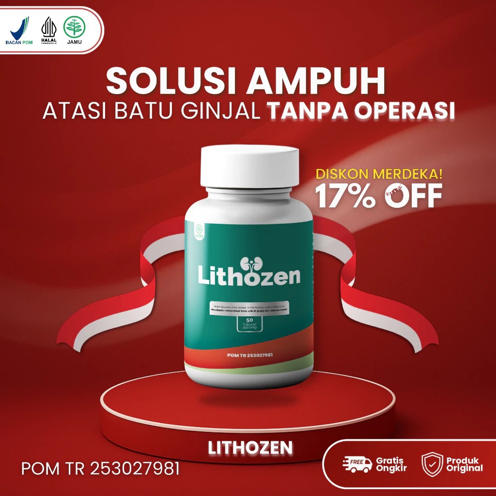 Kemasan produk Lithozen, solusi herbal untuk batu ginjal, menampilkan botol dengan label hijau dan tulisan 'Lithozen' di latar belakang merah, dengan informasi diskon dan nomor registrasi BPOM.