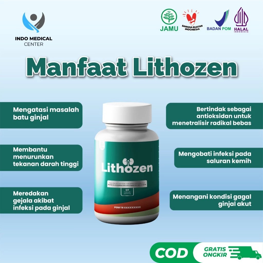 Gambar kemasan produk Lithozen yang menampilkan manfaatnya dalam mengatasi batu ginjal, menurunkan tekanan darah tinggi, dan meredakan gejala infeksi ginjal.