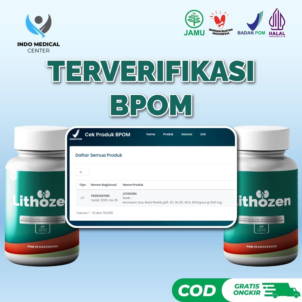 Gambar menampilkan produk Lithozen dengan label dan informasi verifikasi BPOM, di sampingnya terdapat botol kapsul Lithozen.