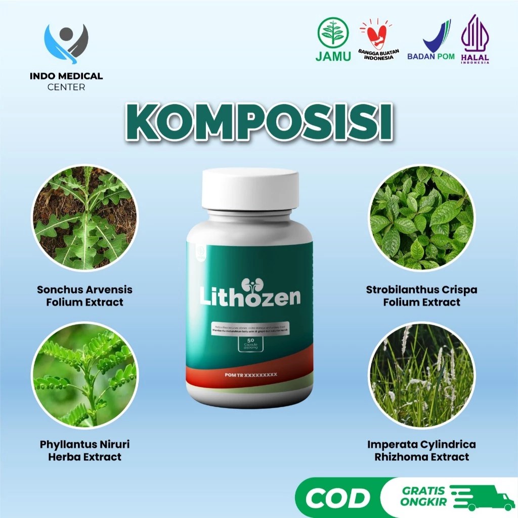 Gambar produk Lithozen, suplemen herbal dengan informasi tentang kandungan ekstrak tanaman, diantaranya Sonchus Arvensis, Strobilanthus Crispus, Phyllanthus Niruri, dan Imperata Cylindrica.