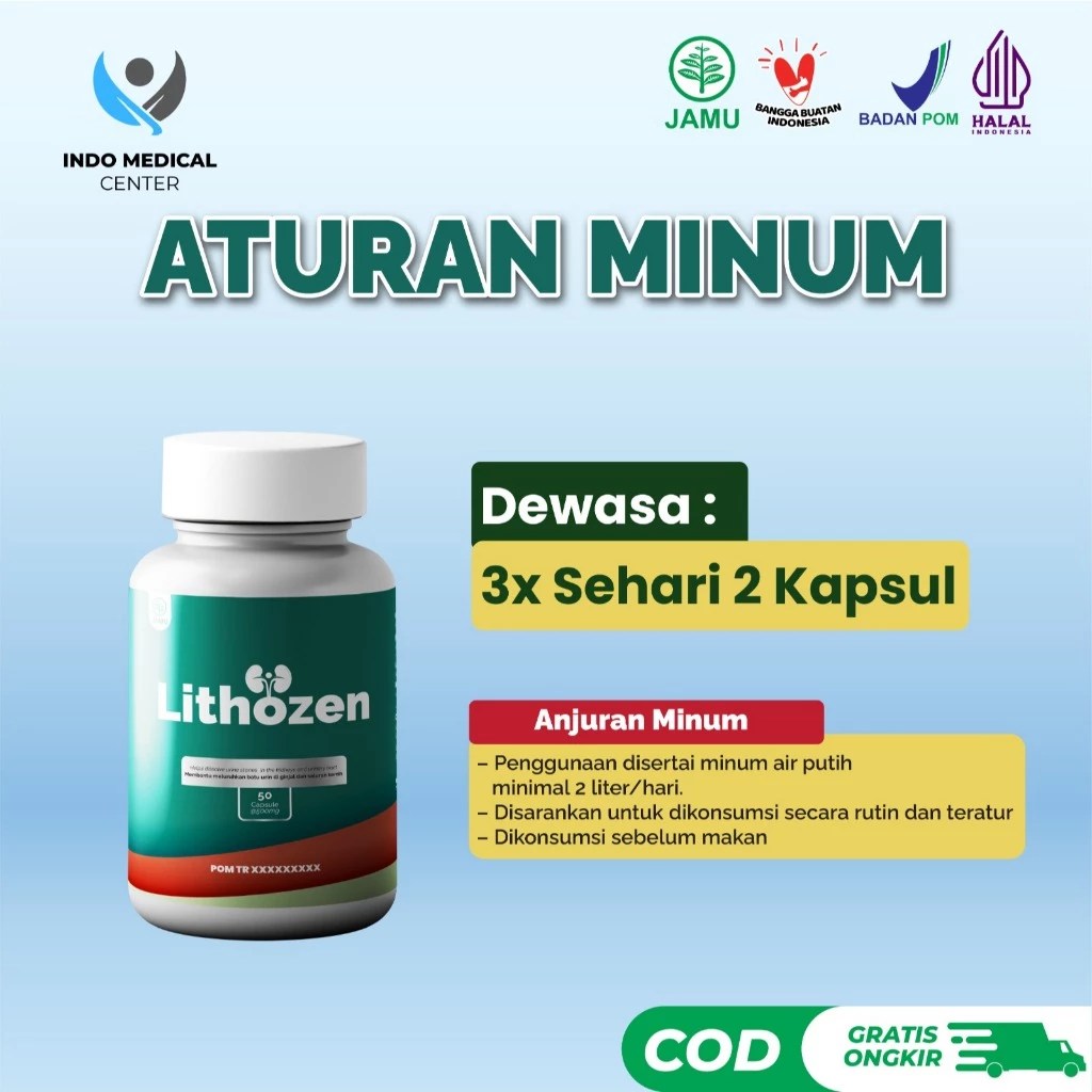 Gambar produk Lithozen dengan informasi dosis, mencantumkan botol 50 kapsul dan anjuran konsumsi.